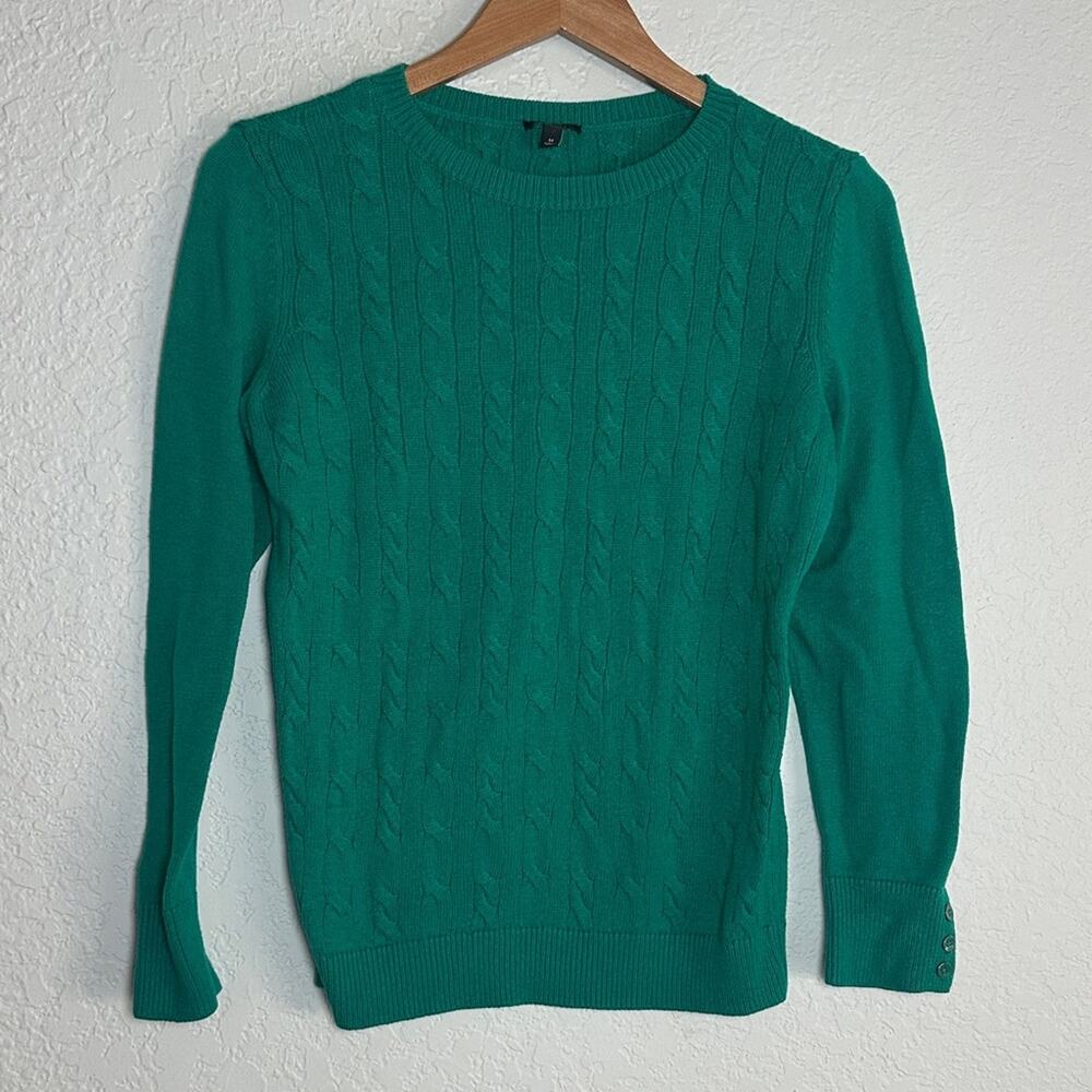 Talbots Emerald Green Cable Knit Sweater Lambswool Buttons Preppy Classic Medium